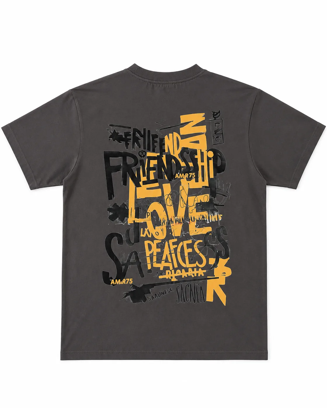 Charcoal graphic tee with Friendship Love Peace graffiti print — NEPOLO WEARS streetwear Nepal
