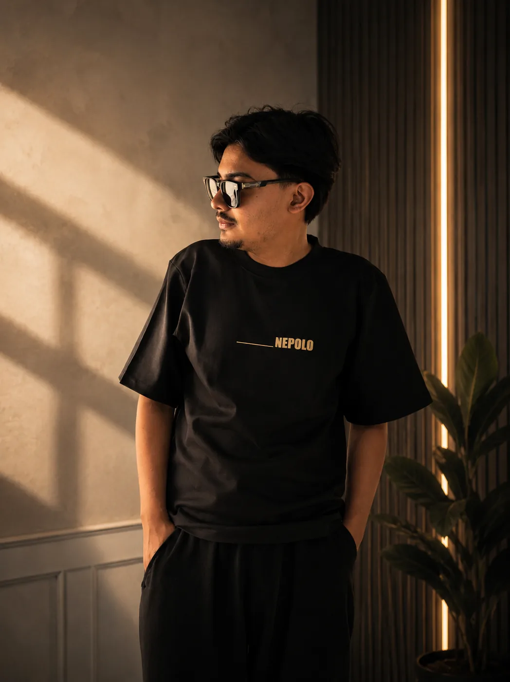 Black minimal Nepolo tee, window light portrait