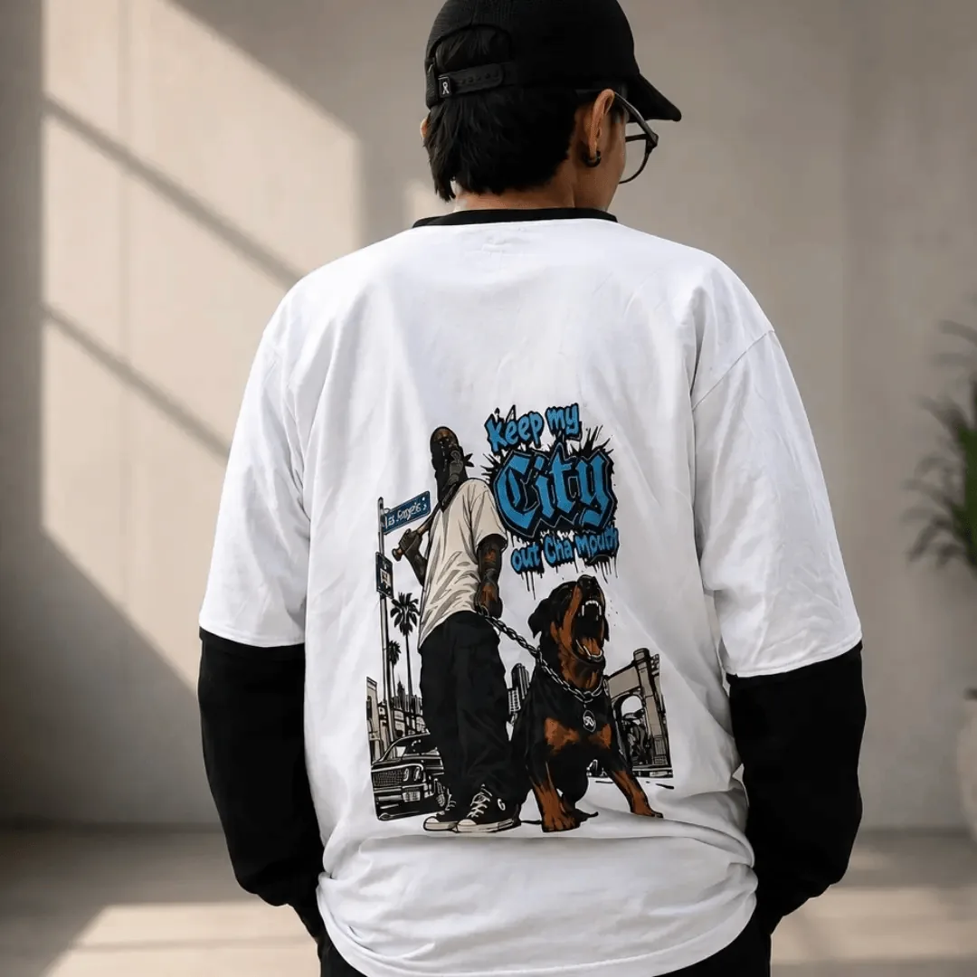 Keep My City tee — layered street portrait
