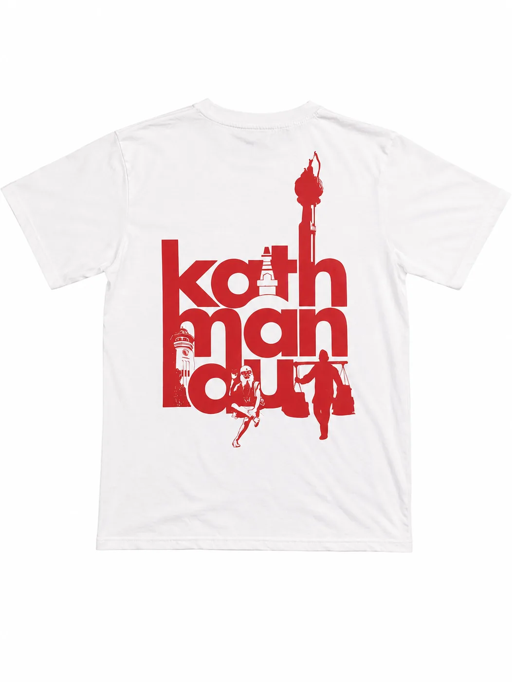 White Kathmandu tee with bold red Devanagari back print — NEPOLO WEARS streetwear Nepal