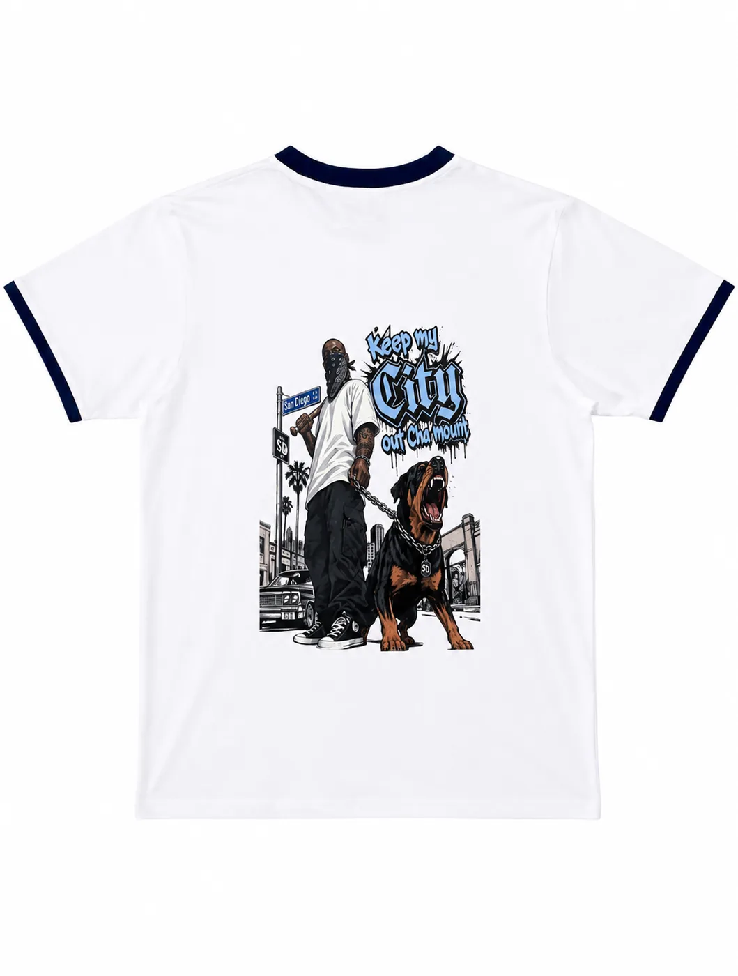 White Keep My City tee with blue chest logo and rottweiler back graphic — NEPOLO WEARS streetwear Nepal