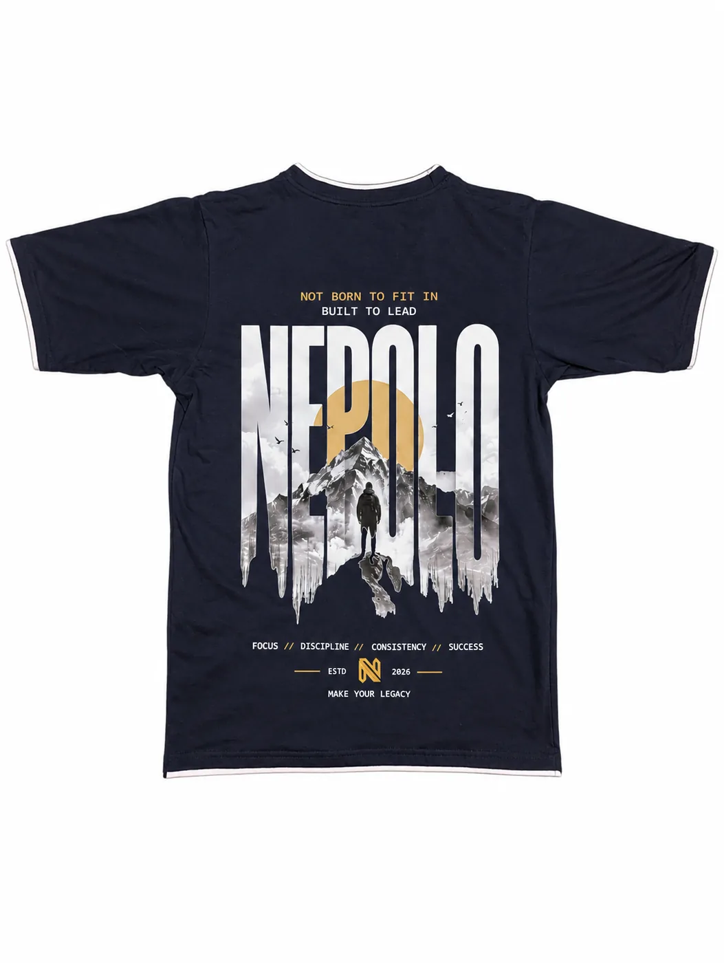 Navy heavyweight Nepolo tee with mountain back graphic — NEPOLO WEARS streetwear Nepal